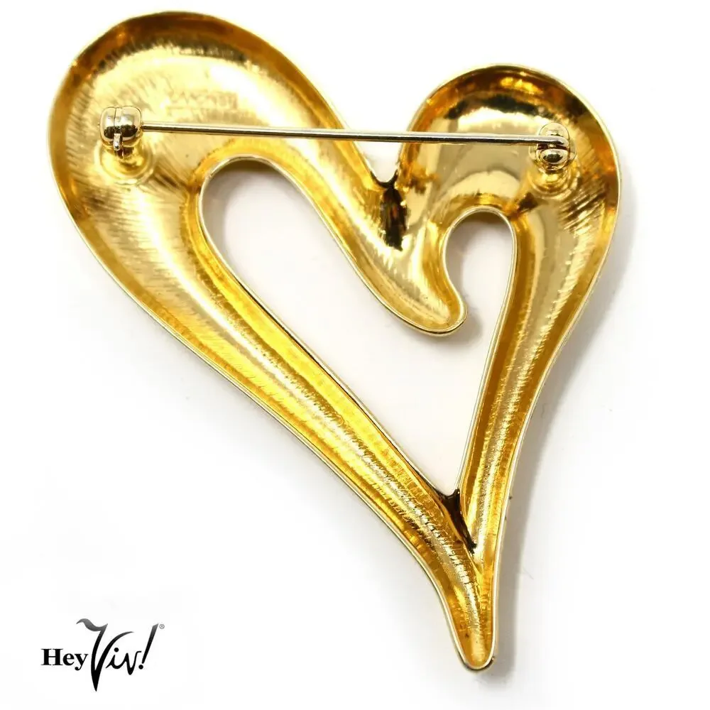 Vintage Monet Gold Tone Open Heart Pin Brooch Shiny Love Valentine 2.5